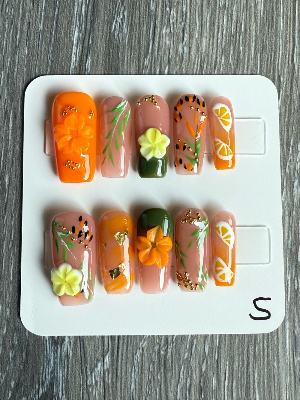 Floral Citrus Orange & Green Accent Press-On Nail Set